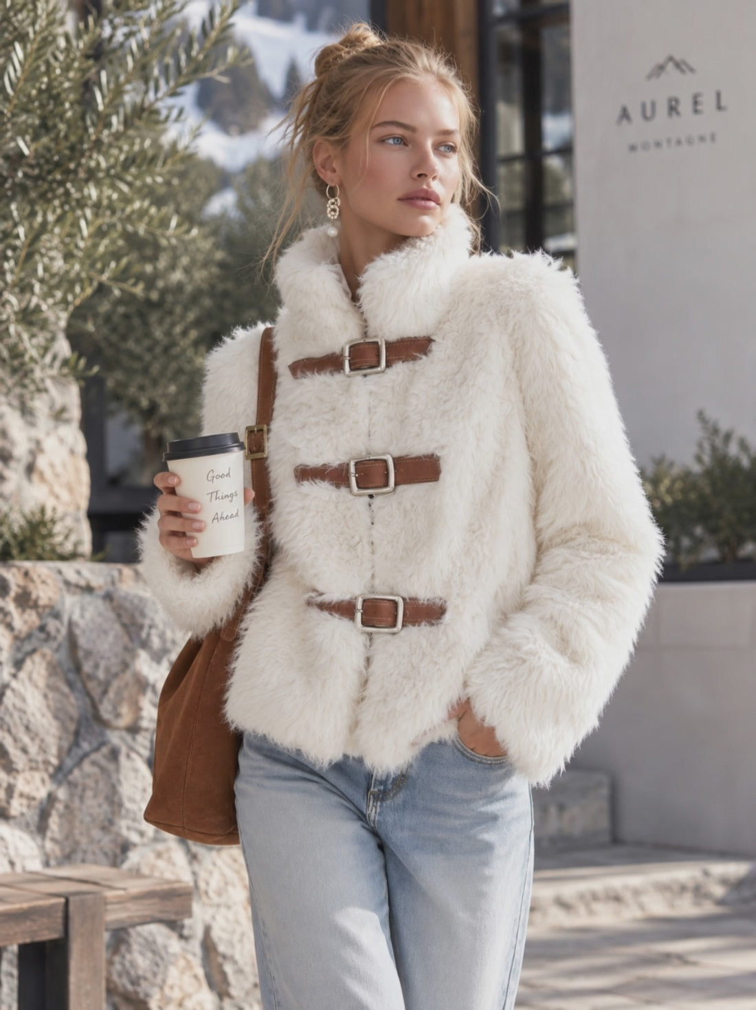 Luxurious White Stand-collar Faux-fur Short Coat