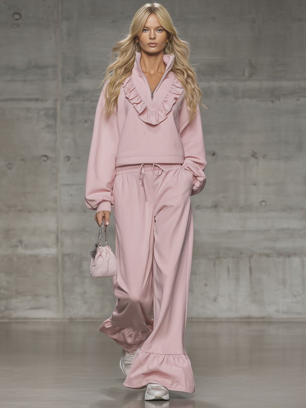 Loose-fitting Stand-up Collar Half-zip Ruffle Sweatshirt And Casual Pants Set