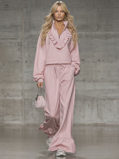 Loose-fitting Stand-up Collar Half-zip Ruffle Sweatshirt And Casual Pants Set