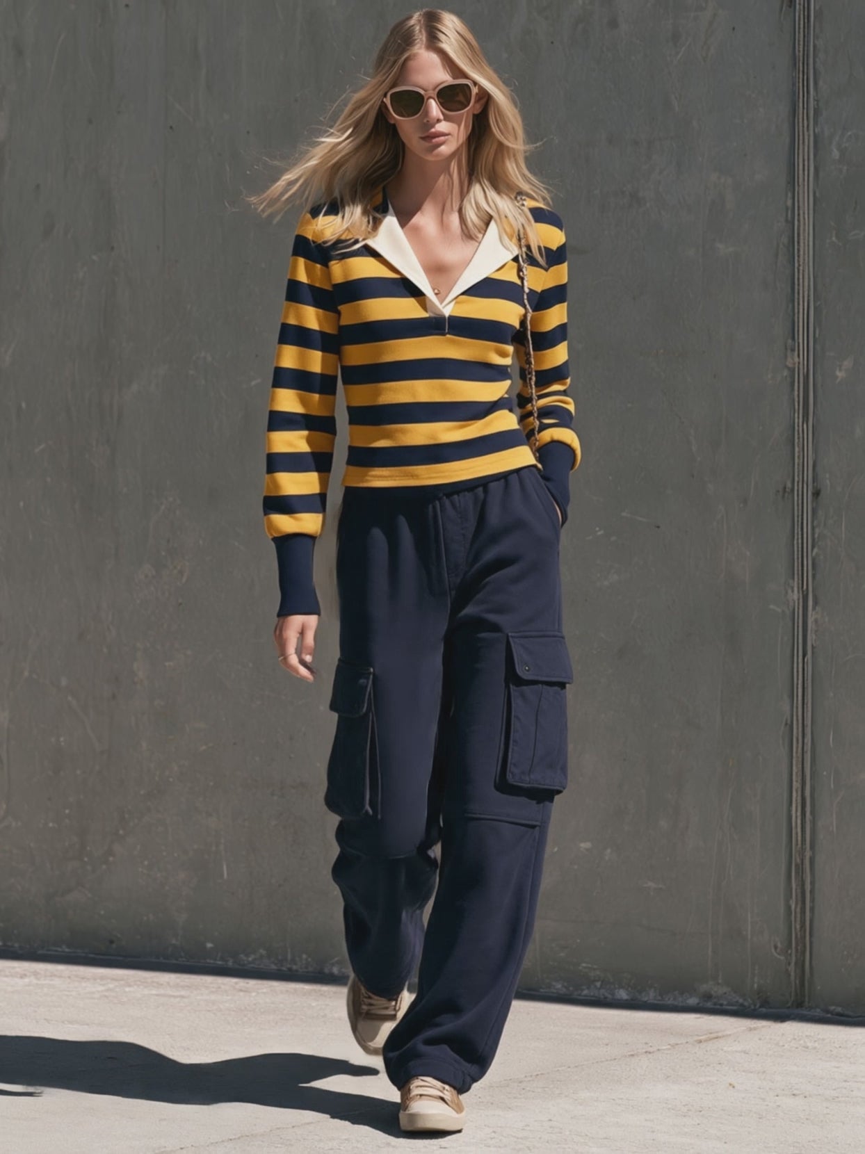 Casual Retro Sporty Yellow Striped T-shirt And Blue Cotton Cargo Pants Set