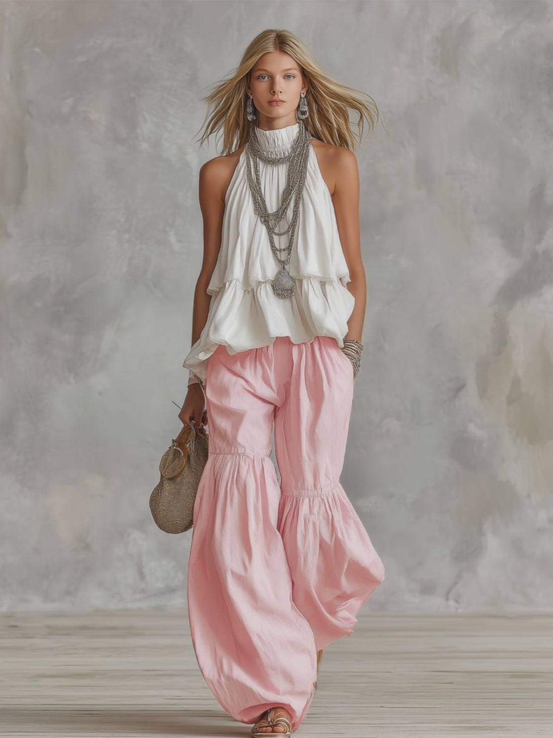 Cotton Turtleneck Sleeveless Top And Pants Set