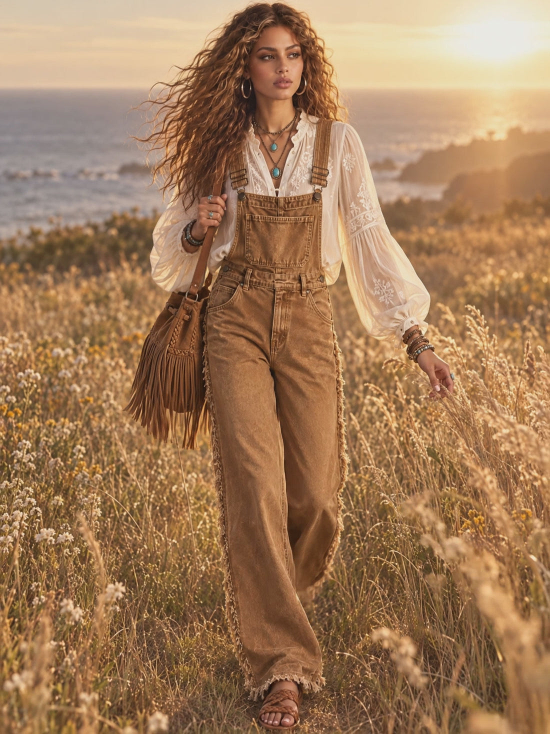 Vintage-style Frayed Wide-leg Distressed Washed Brown Denim Overalls