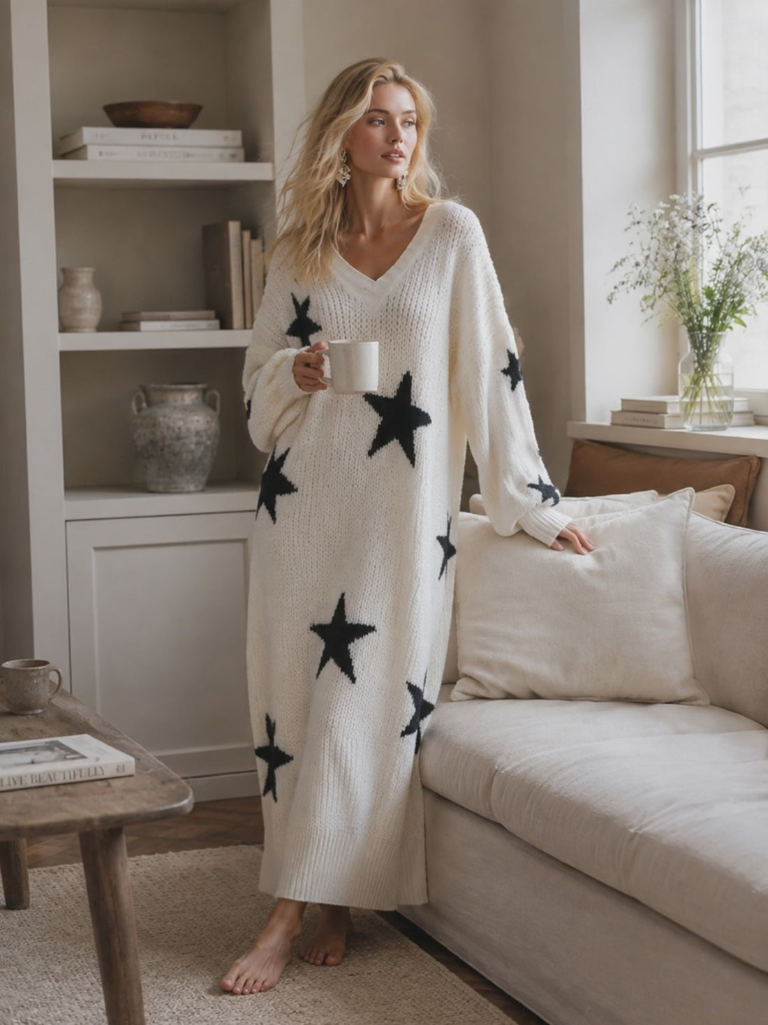 Oversized Star Print Knit Sweater Maxi Dress