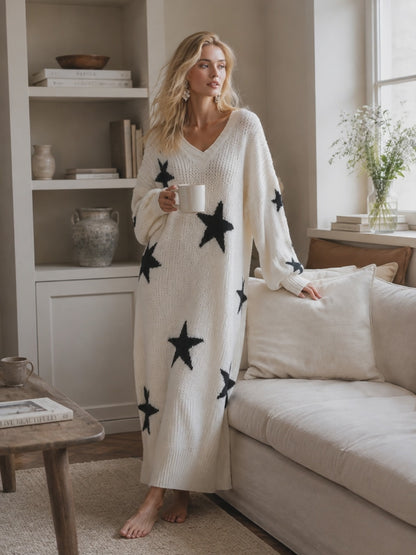 Oversized Star Print Knit Sweater Maxi Dress