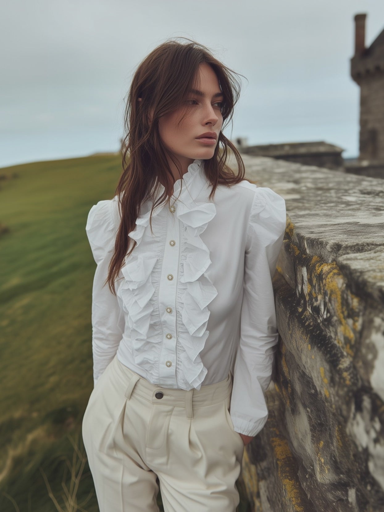 Romantic Bohemian Style Pearl Buttons Ruffled White Shirt