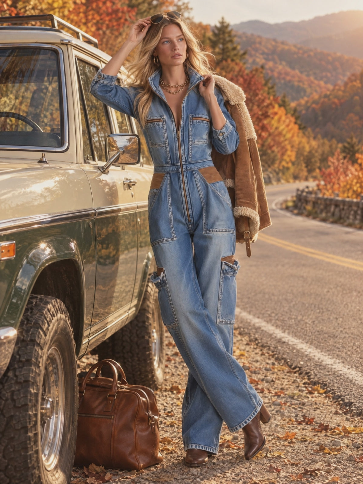 Zip Front Drawstring Waist Wide Leg Coverall Blue Denim Jumpsuit