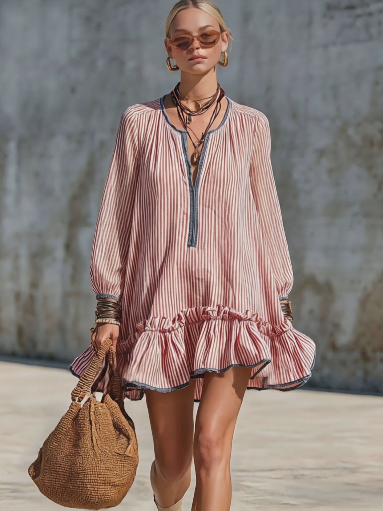 Casual Retro Ruffled Red And White Striped Cotton Linen Long-sleeved Mini Dress