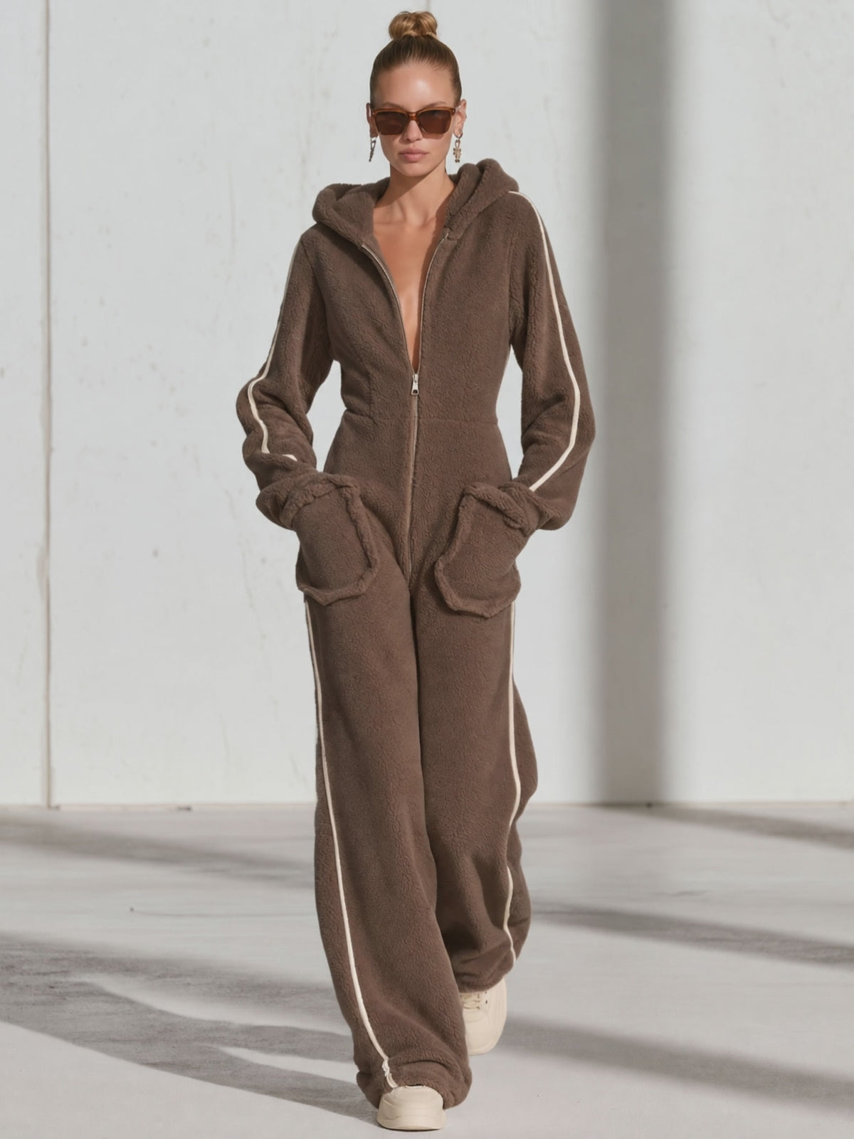 Casual Warm Fleece Color Block Long-Sleeved Hooded Jumpsuit