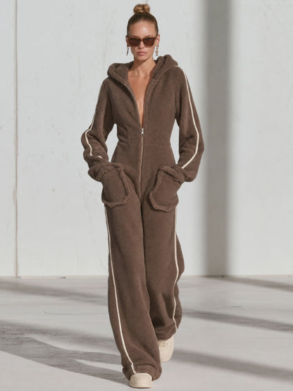 Casual Warm Fleece Color Block Long-Sleeved Hooded Jumpsuit