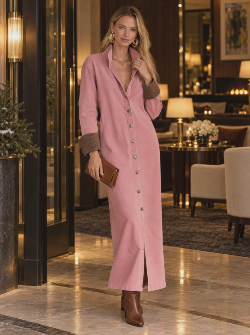 Casual Vintage Pink Button Front Long Shirt Dress