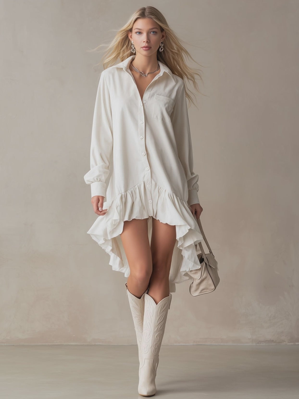 Stylish And Elegant Off-white Ruffled Tencel Denim Midi Dress