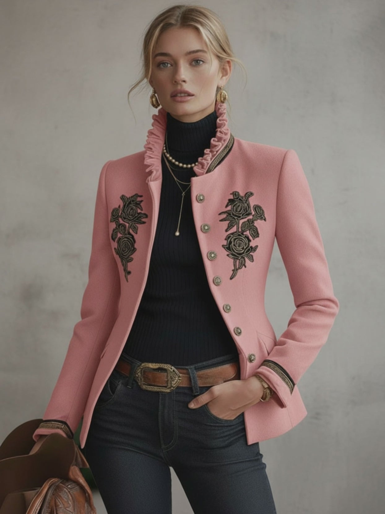 Ruffled Stand-up Collar Single-breasted Rose Embroidered Jacket