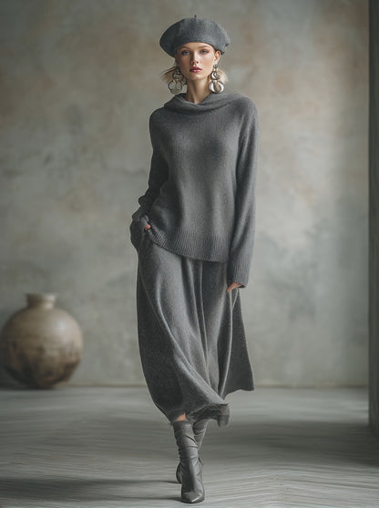 Elegant Minimalist Gray Hooded Sweater Skirt Set