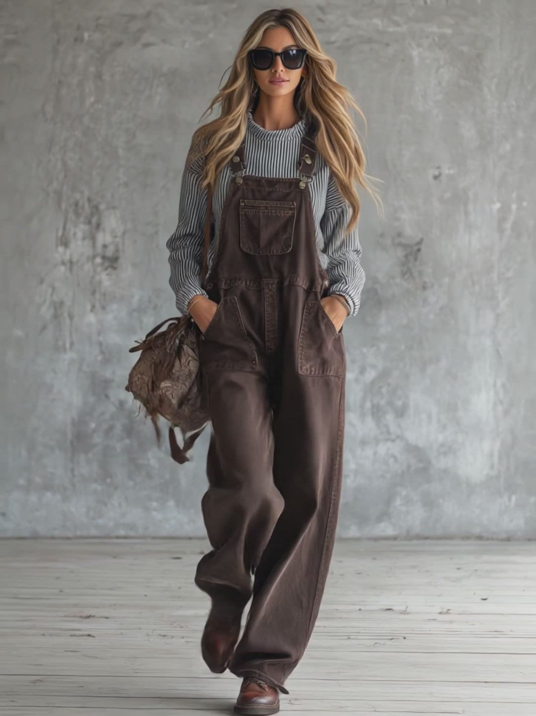 Casual Retro Brown Multi-pocket Denim Overalls