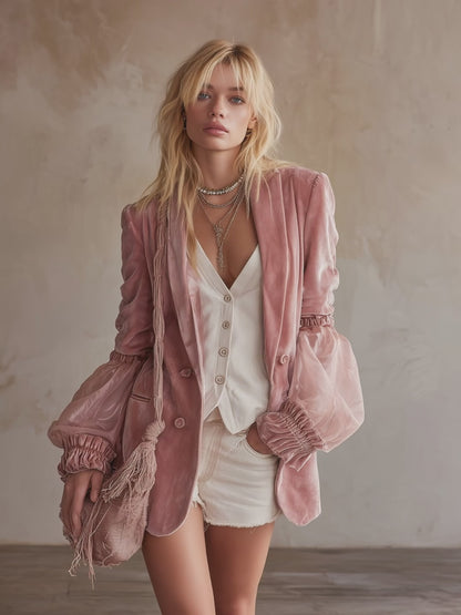 Elegant And Stylish Pink Velvet Tulle Cuff Blazer
