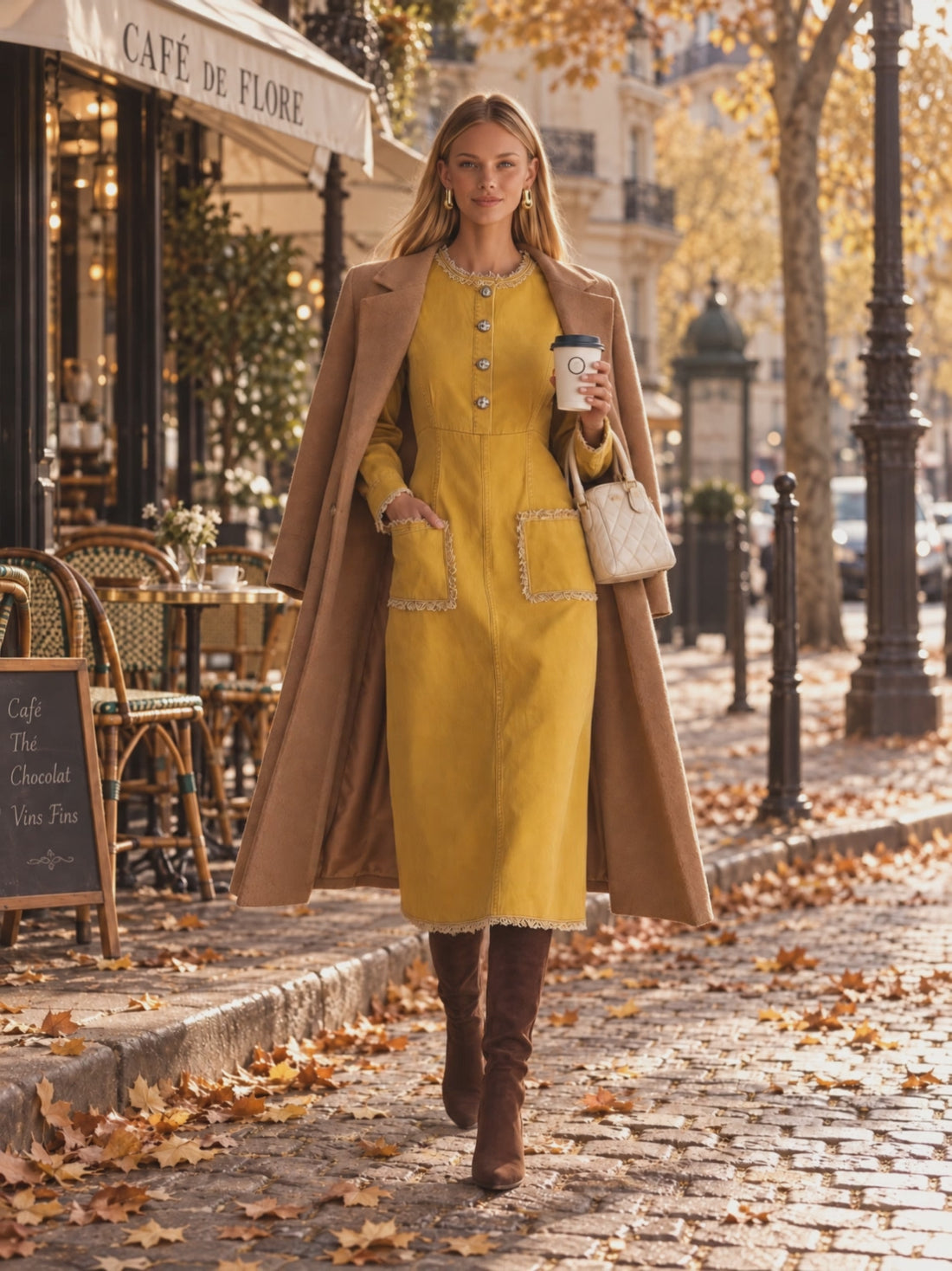 Mustard Utility Maxi Dress Button Front Patch Pocket Long Dress
