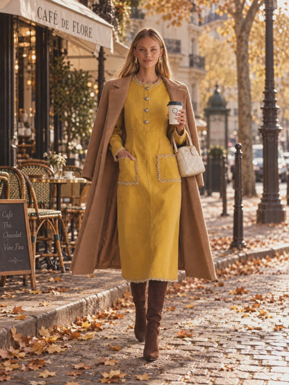 Mustard Utility Maxi Dress Button Front Patch Pocket Long Dress