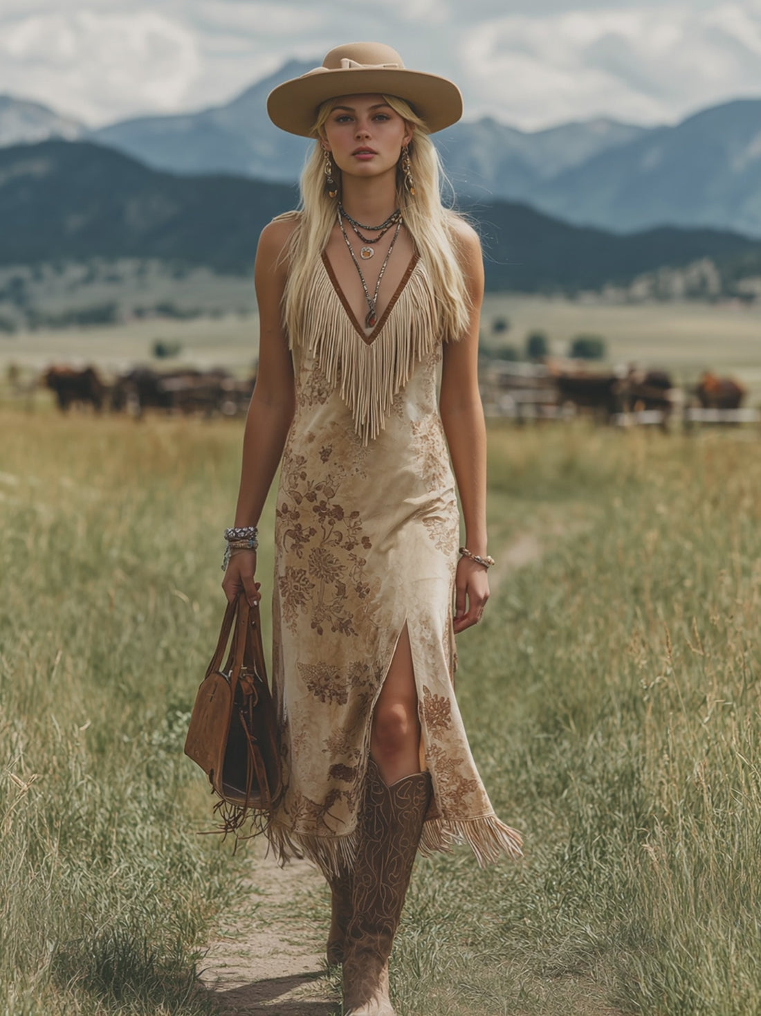 Bohemian V-Neck Fringe Sleeveless Printed Faux Suede Midi Dress