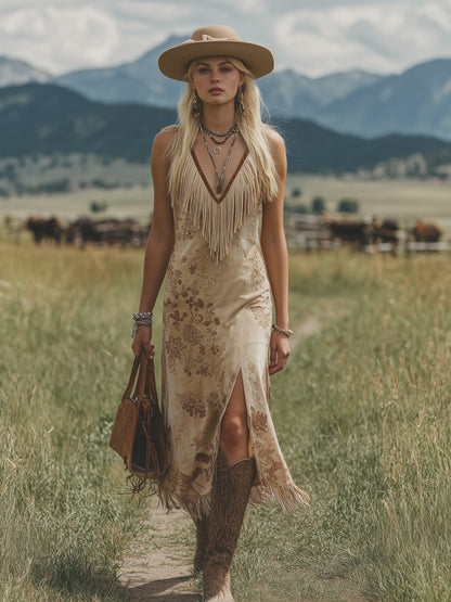 Bohemian V-Neck Fringe Sleeveless Printed Faux Suede Midi Dress