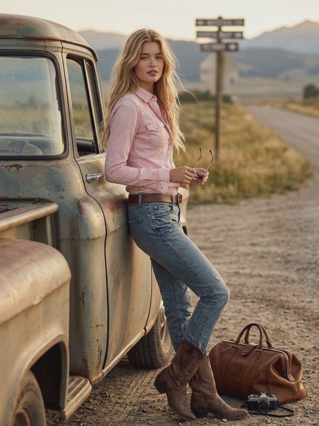Western Retro Pink Long-Sleeved Button-Up Denim Shirt