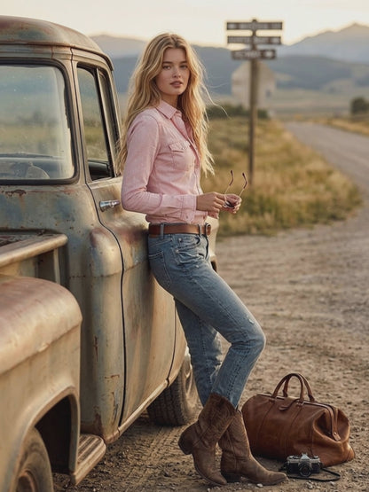 Western Retro Pink Long-Sleeved Button-Up Denim Shirt