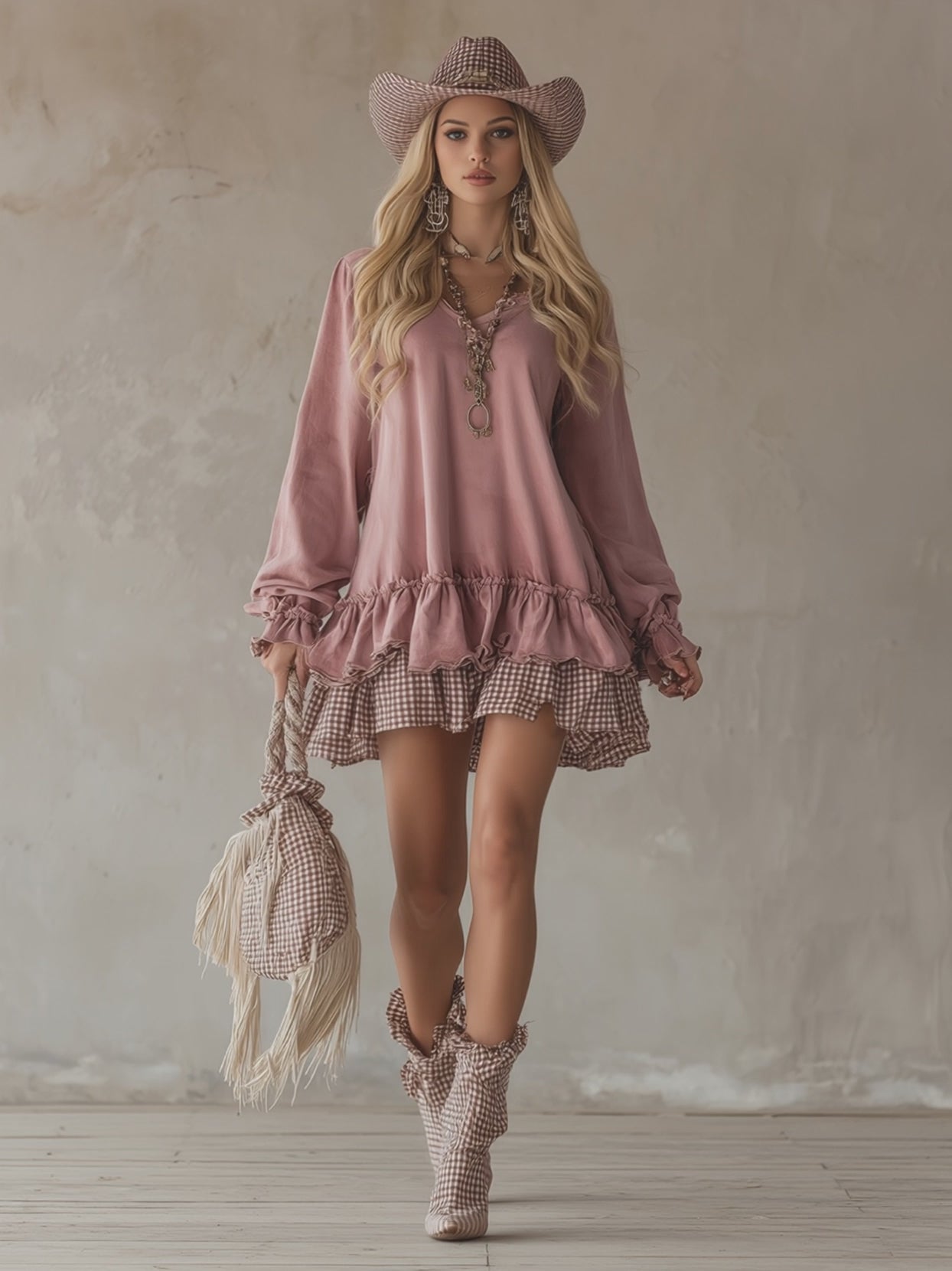 Retro Sporty Style Checkered Trim Powder Pink Sweatshirt Mini Dress