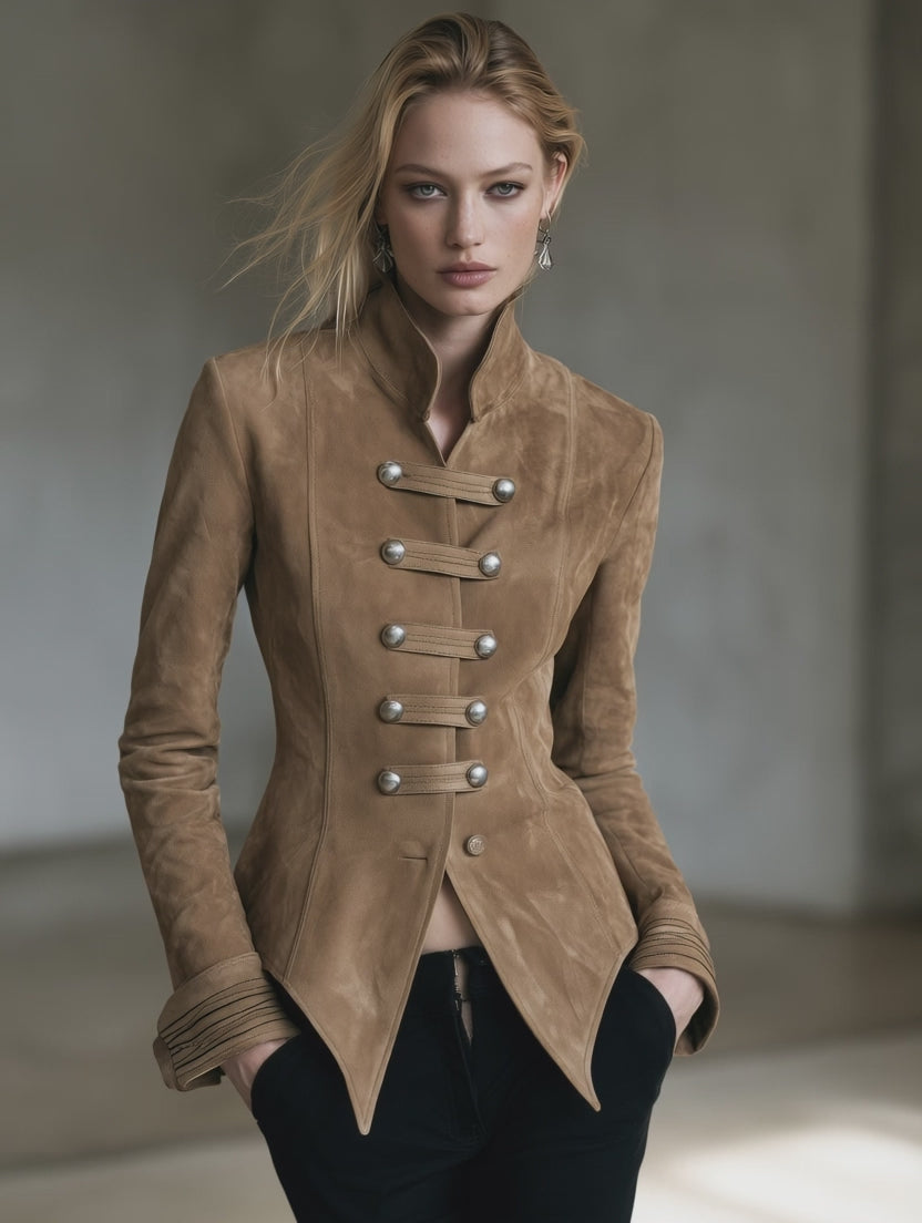 Camel Faux-Suede Stand-Collar Silver-Button Fitted Tailored Military Jacket Women