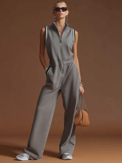 Casual Sporty Retro Dark Gray Cotton Blend Zipper Sleeveless Jumpsuit