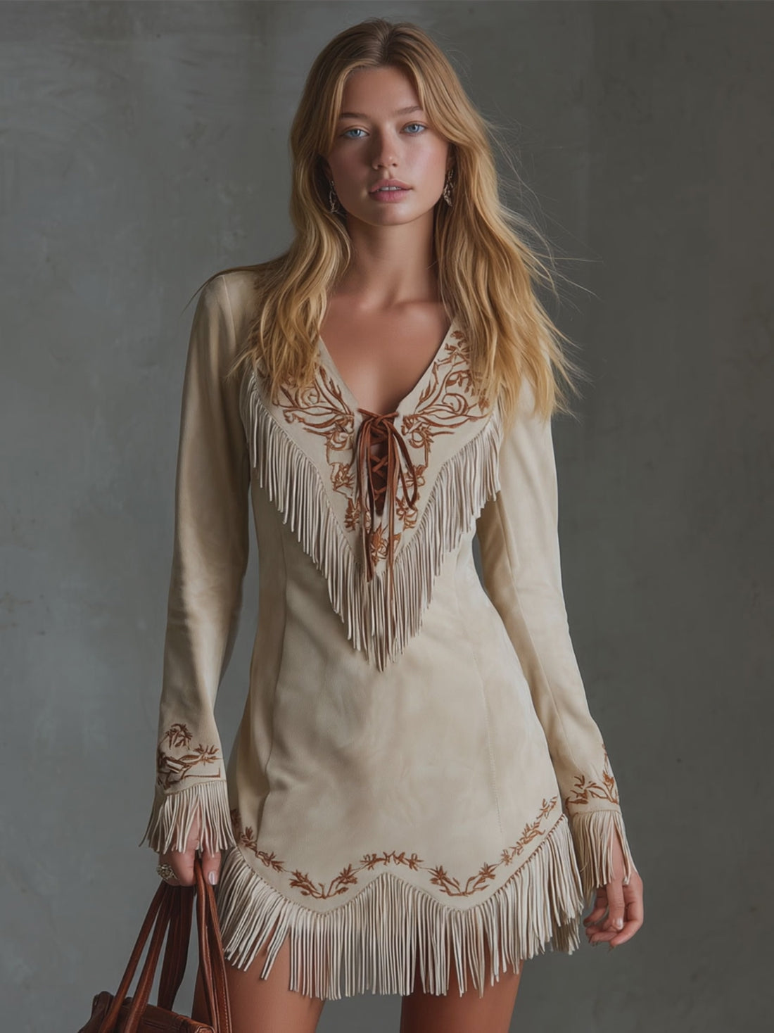 Western-style Tie-up Embroidered Fringed Faux Suede Long-sleeved Mini Dress
