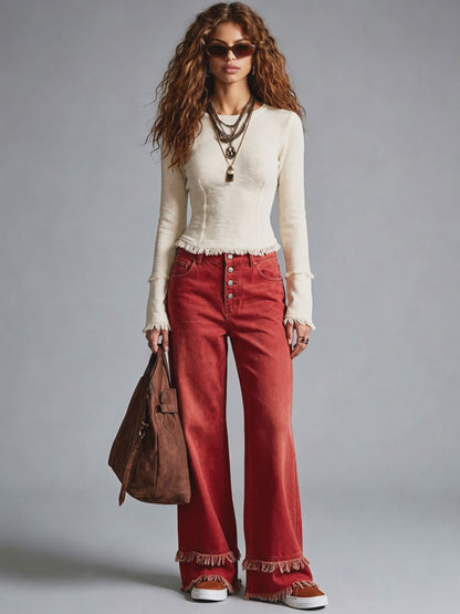 Casual Retro Frayed Off-White Long-Sleeve Knitted T-Shirt