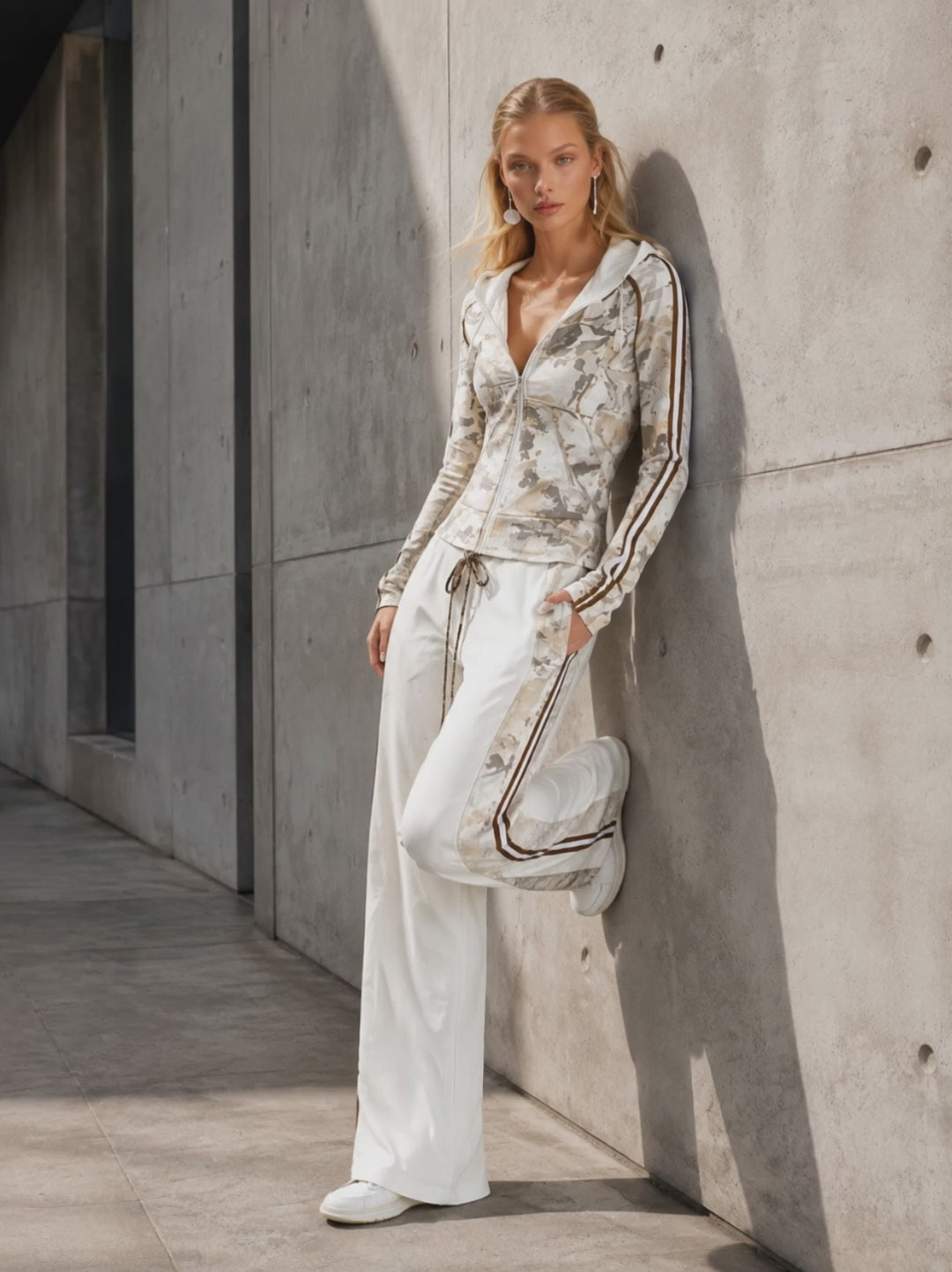 Casual Athletic White Camouflage Zip-Up Hoodie And Wide-Leg Pants Cotton Set