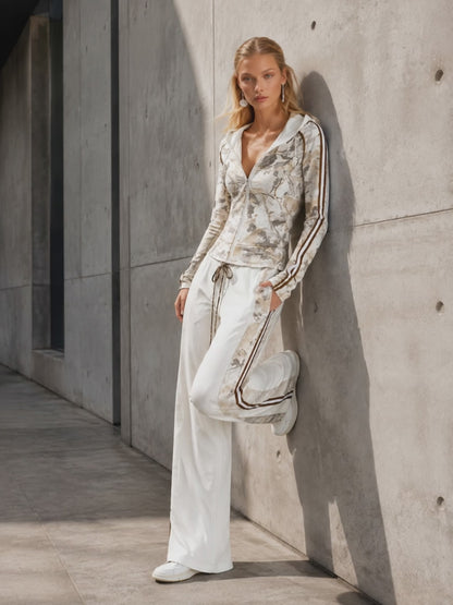 Casual Athletic White Camouflage Zip-Up Hoodie And Wide-Leg Pants Cotton Set