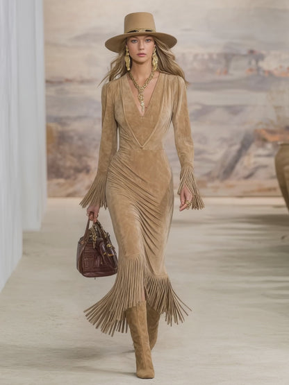 Retro Western Style V-neck Fringed Faux Suede Maxi Dress