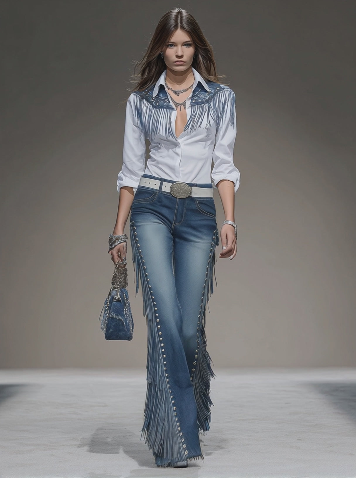 Western Blue Denim Side Tassel Rivet Flared Pants