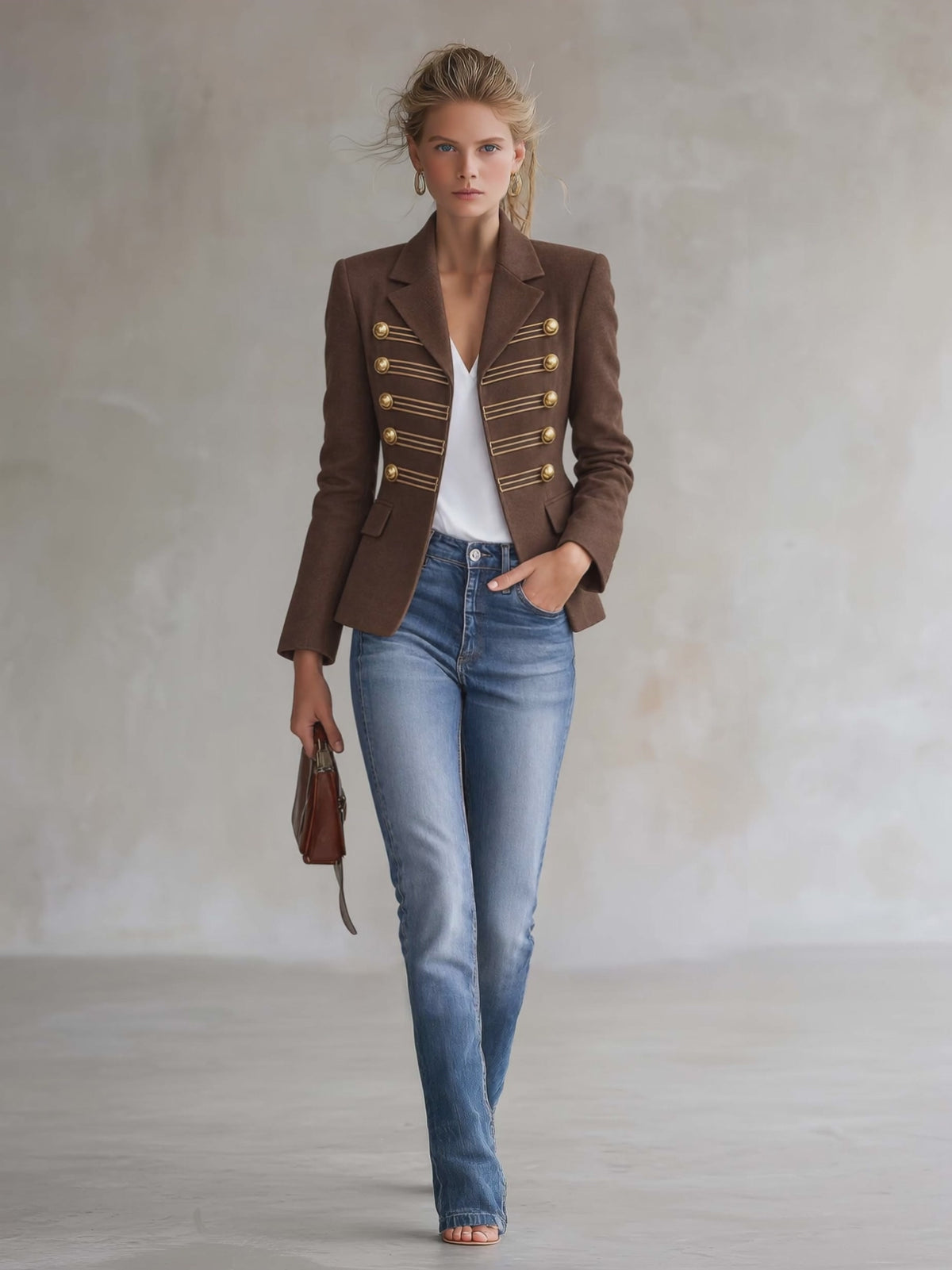 Vintage Military Brown Blazer Jacket Women Gold Button Braid Trim Notch Lapel
