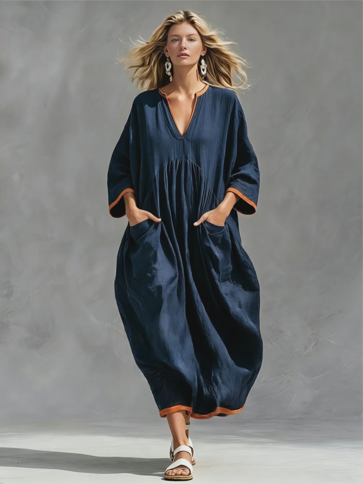 Casual Retro Color-blocked Trim Blue Long-sleeved V-neck Cotton Linen Midi Dress