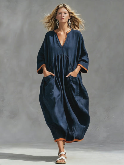Casual Retro Color-blocked Trim Blue Long-sleeved V-neck Cotton Linen Midi Dress