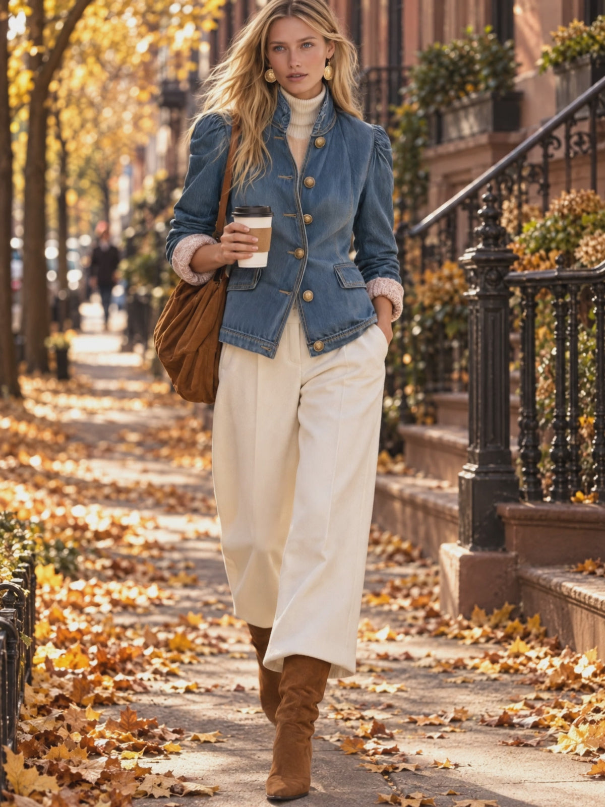 Puff Shoulder Denim Military Jacket