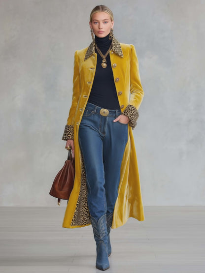 vintage-classic-leopard-print-lapel-single-breasted-yellow-velvet-coat - Oyrosy