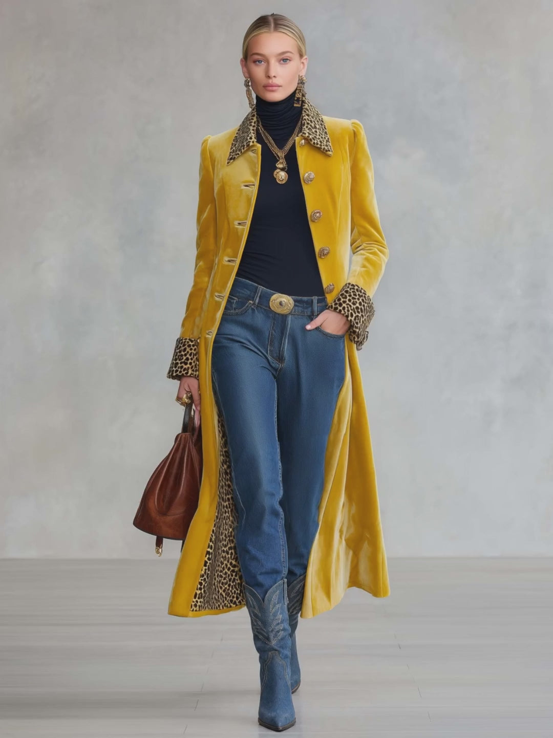 vintage-classic-leopard-print-lapel-single-breasted-yellow-velvet-coat - Oyrosy