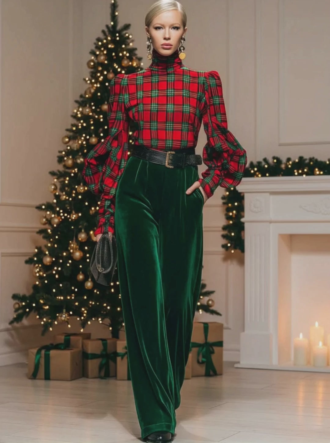 Trendy Retro Plaid Velvet Turtleneck Long-sleeved T-shirt And Wide-leg Pants Set