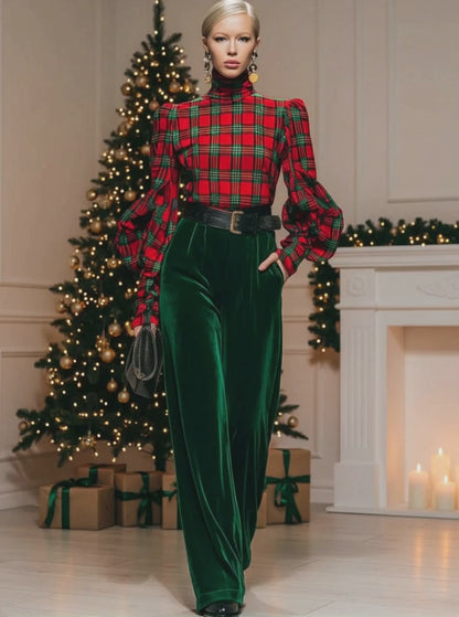 Trendy Retro Plaid Velvet Turtleneck Long-sleeved T-shirt And Wide-leg Pants Set