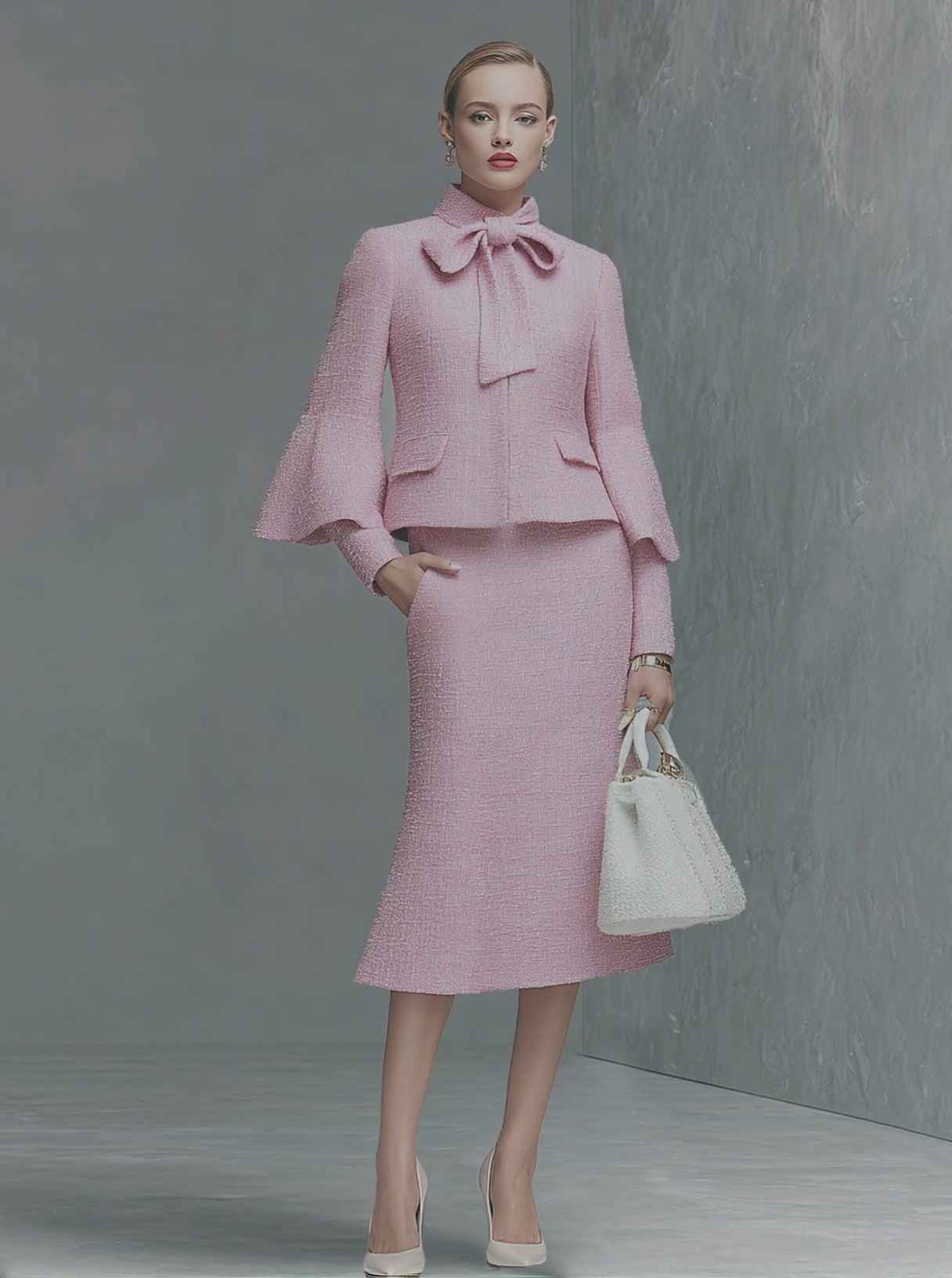 Elegant Neckline Bow Tie Trumpet Sleeve Jacket Skirt Tweed Set