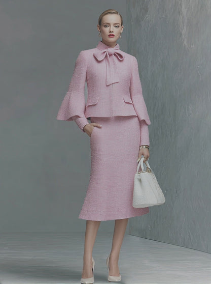 Elegant Neckline Bow Tie Trumpet Sleeve Jacket Skirt Tweed Set