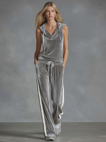 V-neck Hooded Sleeveless Top And Pants Velvet Set