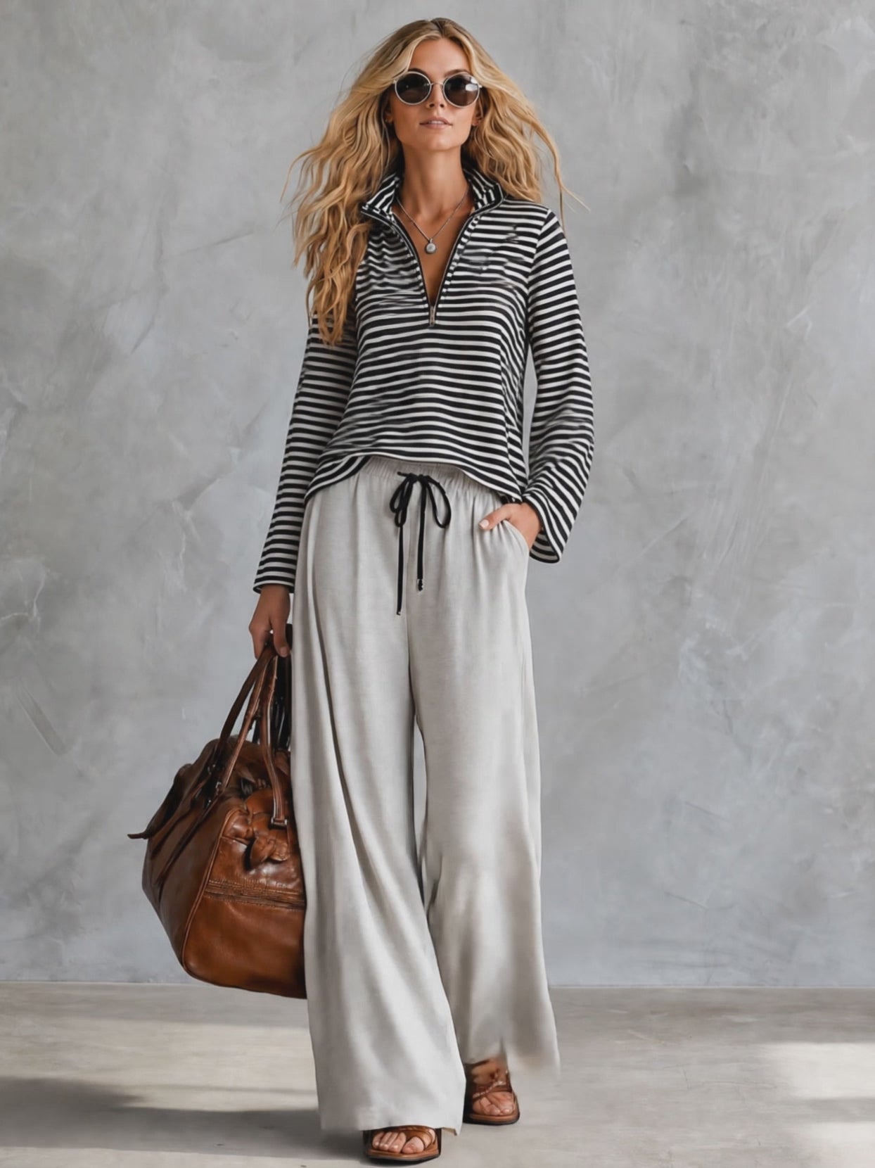 Sporty Retro Black And White Striped Half-zip Long-sleeved T-shirt And Wide-leg Pants Set