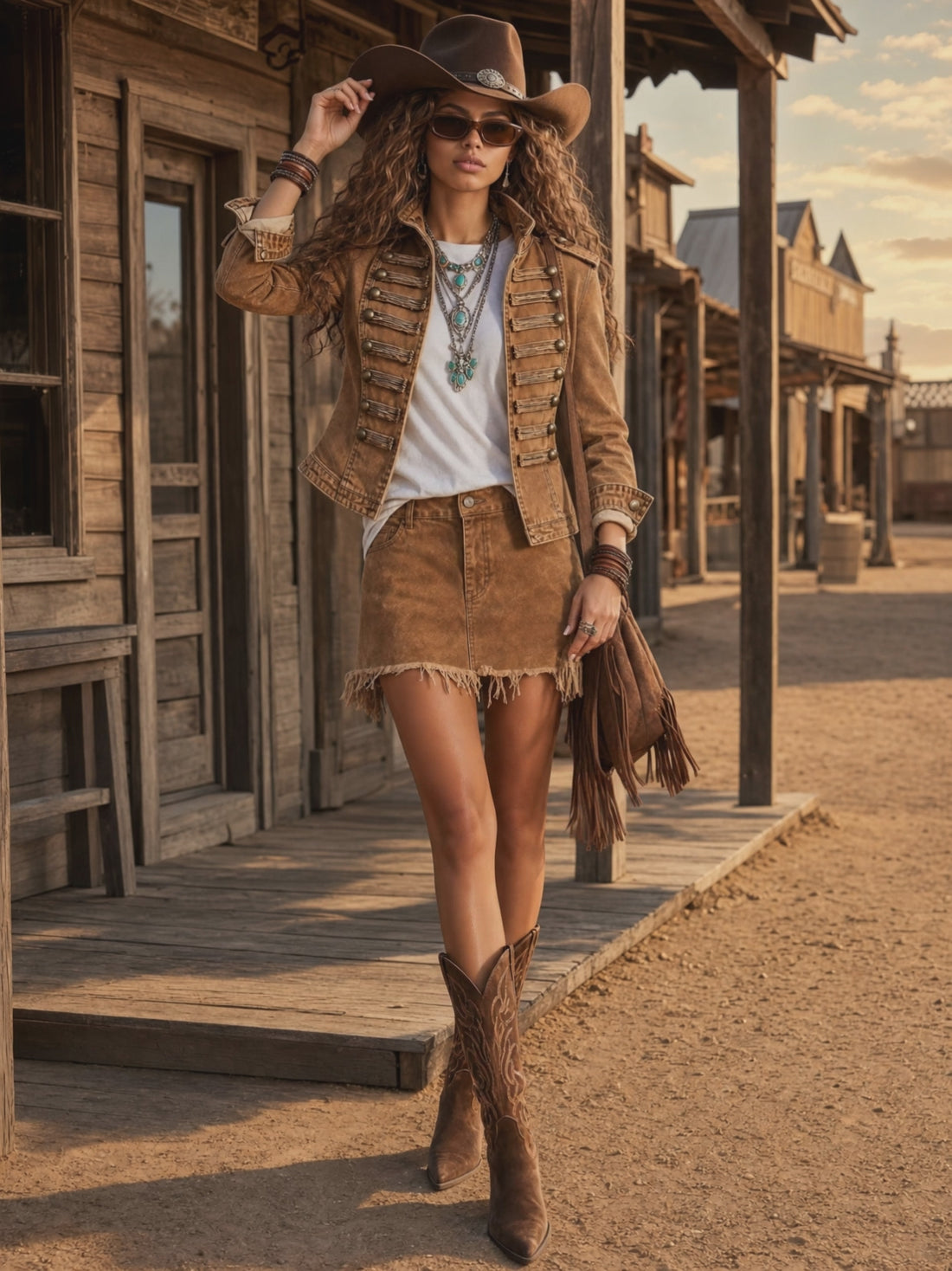 Military-style Camel Denim Stand-up Collar Double-breasted Short Jacket
