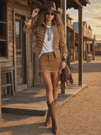 Military-style Camel Denim Stand-up Collar Double-breasted Short Jacket
