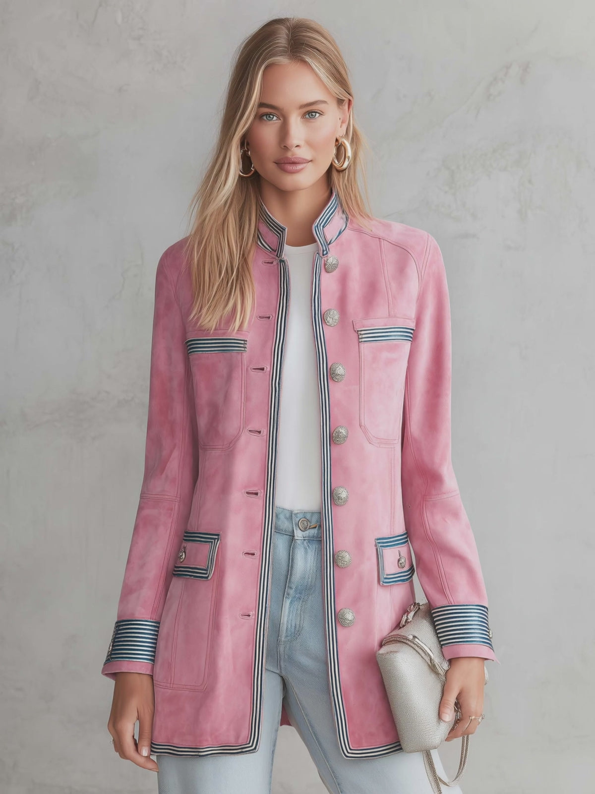 Vintage Military Pink Faux Suede Coat Women Striped Trim Silver Button Longline