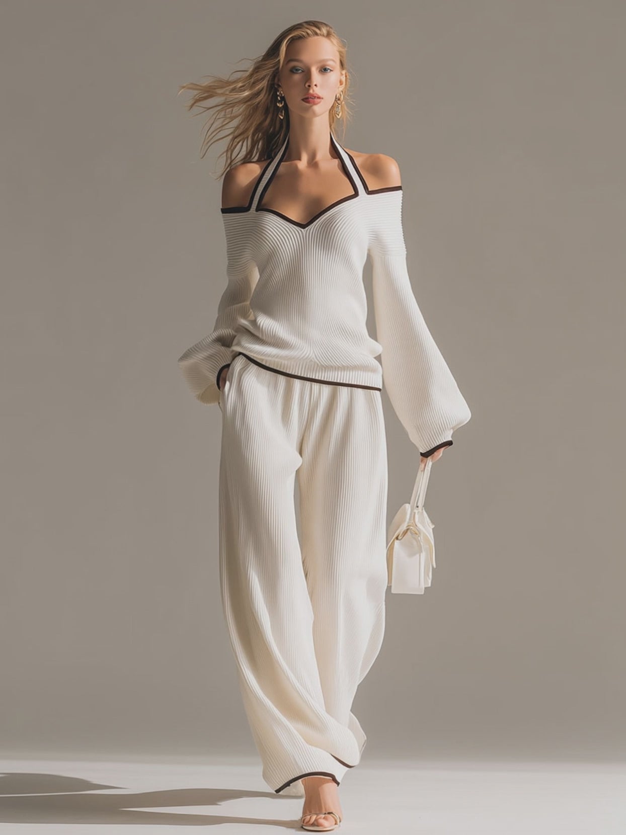 Elegant Color-blocked White Halter-neck Long-sleeved Knit Top And Pants Set